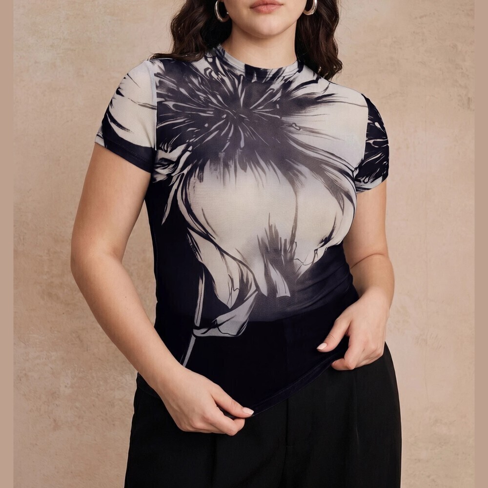 Navy Blue Cream Floral Print Mesh Slim Fit Short Sleeve Tee Top